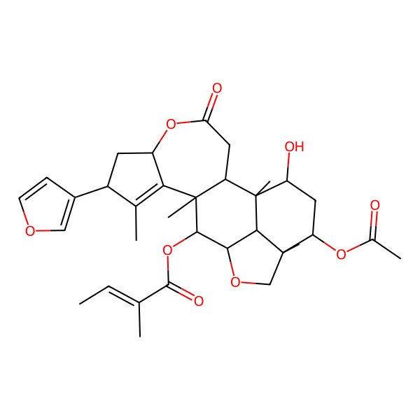 2D Structure of [17-Acetyloxy-8-(furan-3-yl)-19-hydroxy-1,9,11,16-tetramethyl-4-oxo-5,14-dioxapentacyclo[11.6.1.02,11.06,10.016,20]icos-9-en-12-yl] 2-methylbut-2-enoate