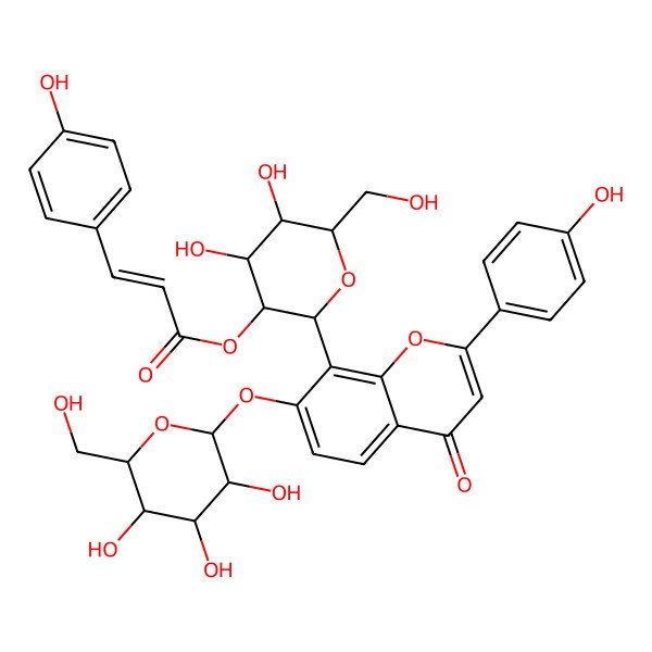 2D Structure of [(2S,3R,4S,5S,6R)-4,5-dihydroxy-6-(hydroxymethyl)-2-[2-(4-hydroxyphenyl)-4-oxo-7-[(2S,3R,4S,5S,6R)-3,4,5-trihydroxy-6-(hydroxymethyl)oxan-2-yl]oxychromen-8-yl]oxan-3-yl] (E)-3-(4-hydroxyphenyl)prop-2-enoate