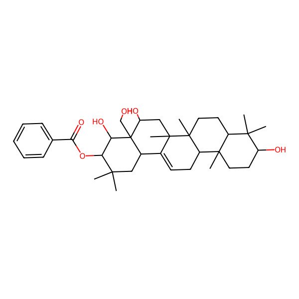 2D Structure of [(3R,4S,4aS,5R,6aR,6aS,6bR,8aR,10S,12aR,14bS)-4,5,10-trihydroxy-4a-(hydroxymethyl)-2,2,6a,6b,9,9,12a-heptamethyl-1,3,4,5,6,6a,7,8,8a,10,11,12,13,14b-tetradecahydropicen-3-yl] benzoate