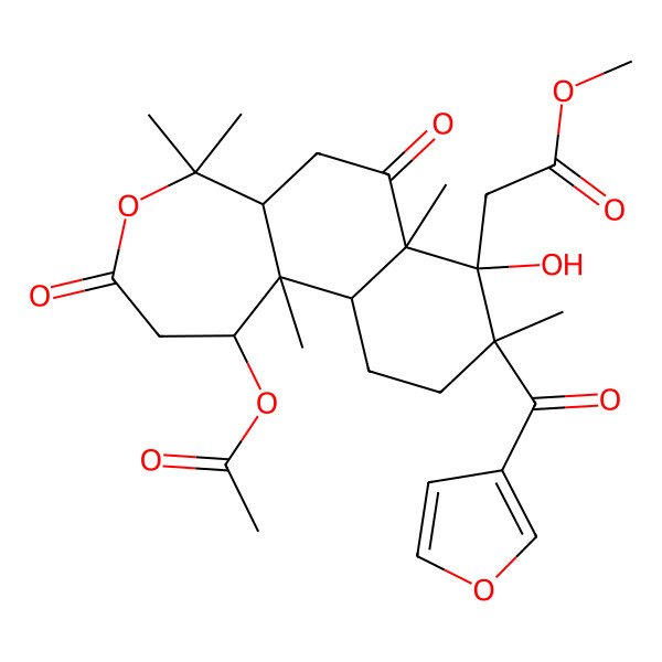 2D Structure of methyl 2-[(1S,5aR,7aR,8R,9R,11aR,11bR)-1-acetyloxy-9-(furan-3-carbonyl)-8-hydroxy-5,5,7a,9,11b-pentamethyl-3,7-dioxo-2,5a,6,10,11,11a-hexahydro-1H-naphtho[2,1-c]oxepin-8-yl]acetate