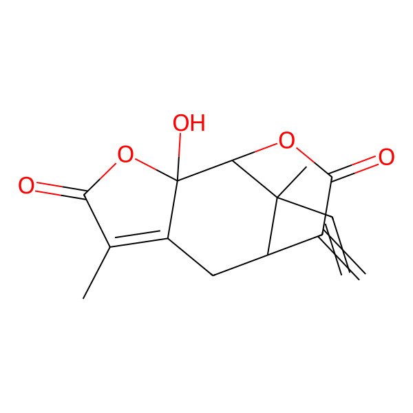 2D Structure of (1R,2S,8R,12S)-12-ethenyl-2-hydroxy-5,12-dimethyl-9-methylidene-3,11-dioxatricyclo[6.3.1.02,6]dodec-5-ene-4,10-dione