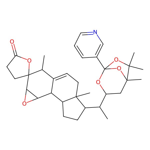 2D Structure of (1S,2S,5R,6R,10S,11R,12S,14S)-6,10-dimethyl-5-[(1S)-1-[(1S,3R,5R)-5,6,6-trimethyl-1-pyridin-3-yl-2,7,8-trioxabicyclo[3.2.1]octan-3-yl]ethyl]spiro[13-oxatetracyclo[7.5.0.02,6.012,14]tetradec-8-ene-11,5'-oxolane]-2'-one