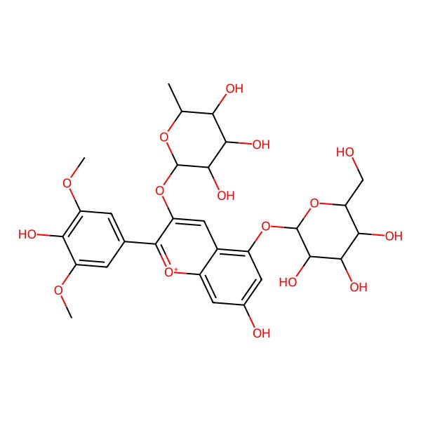 2D Structure of (2S,3S,4R,5R,6R)-2-[7-hydroxy-2-(4-hydroxy-3,5-dimethoxyphenyl)-5-[(2S,3S,4S,5S,6S)-3,4,5-trihydroxy-6-(hydroxymethyl)oxan-2-yl]oxychromenylium-3-yl]oxy-6-methyloxane-3,4,5-triol