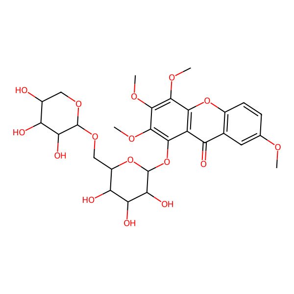 2D Structure of 2,3,4,7-tetramethoxy-1-[(2S,3R,4S,5S,6R)-3,4,5-trihydroxy-6-[[(2S,3R,4S,5R)-3,4,5-trihydroxyoxan-2-yl]oxymethyl]oxan-2-yl]oxyxanthen-9-one