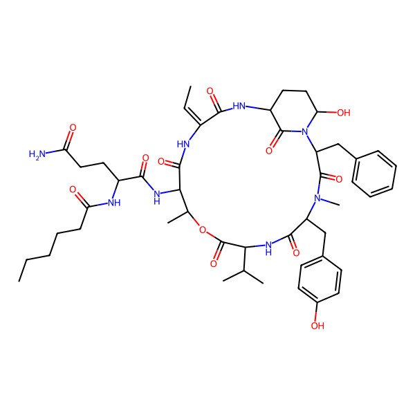 2D Structure of N-[2-benzyl-15-ethylidene-21-hydroxy-5-[(4-hydroxyphenyl)methyl]-4,11-dimethyl-3,6,9,13,16,22-hexaoxo-8-propan-2-yl-10-oxa-1,4,7,14,17-pentazabicyclo[16.3.1]docosan-12-yl]-2-(hexanoylamino)pentanediamide