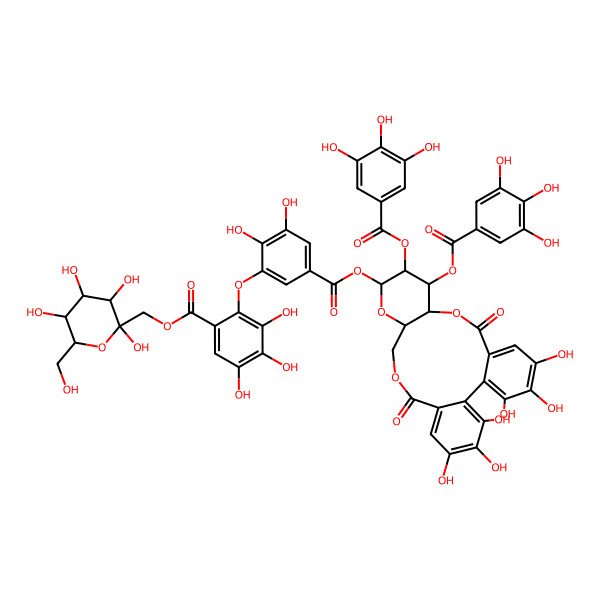 2D Structure of [2,3,4,5-Tetrahydroxy-6-(hydroxymethyl)oxan-2-yl]methyl 2-[5-[[3,4,5,21,22,23-hexahydroxy-8,18-dioxo-11,12-bis[(3,4,5-trihydroxybenzoyl)oxy]-9,14,17-trioxatetracyclo[17.4.0.02,7.010,15]tricosa-1(23),2,4,6,19,21-hexaen-13-yl]oxycarbonyl]-2,3-dihydroxyphenoxy]-3,4,5-trihydroxybenzoate