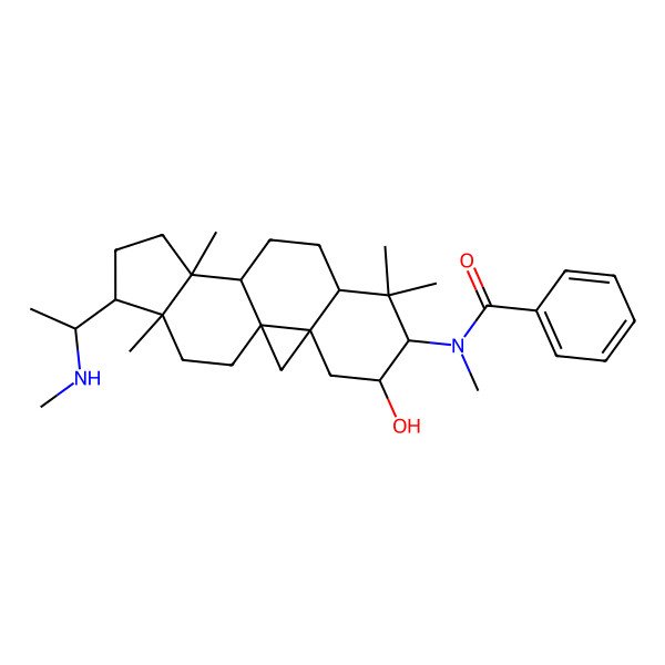 2D Structure of N-[(1S,3S,5R,6R,8R,11S,12S,15S,16R)-5-hydroxy-7,7,12,16-tetramethyl-15-[(1S)-1-(methylamino)ethyl]-6-pentacyclo[9.7.0.01,3.03,8.012,16]octadecanyl]-N-methylbenzamide