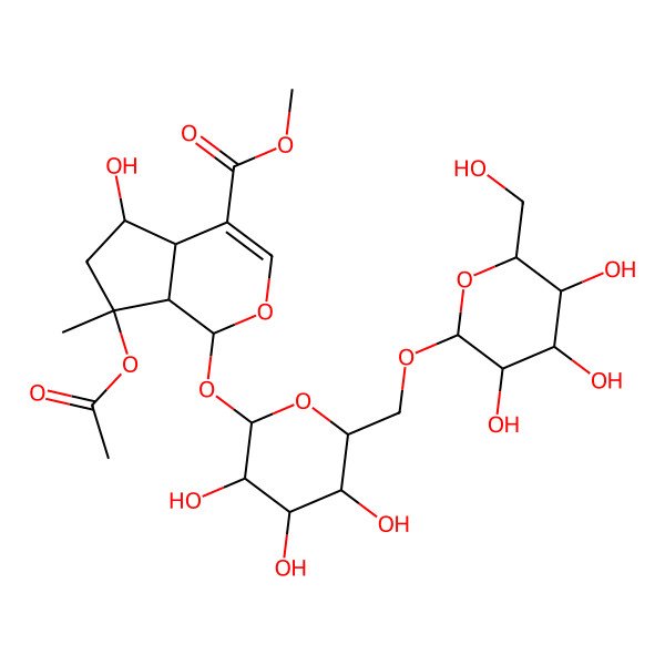 2D Structure of methyl (1S,4aS,5R,7S,7aS)-7-acetyloxy-5-hydroxy-7-methyl-1-[(2S,3R,4S,5S,6R)-3,4,5-trihydroxy-6-[[(2R,3R,4S,5S,6R)-3,4,5-trihydroxy-6-(hydroxymethyl)oxan-2-yl]oxymethyl]oxan-2-yl]oxy-4a,5,6,7a-tetrahydro-1H-cyclopenta[c]pyran-4-carboxylate