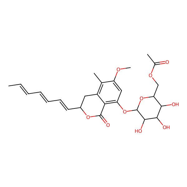 2D Structure of (3S)-8-[(6-O-acetyl-beta-D-glucopyranosyl)oxy]-3-[(1E,3E,5E)-hepta-1,3,5-trienyl]-3,4-dihydro-6-methoxy-5-methyl-1H-2-benzopyran-1-one