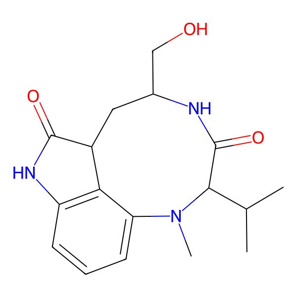 2D Structure of (1R,10S,13S)-13-(hydroxymethyl)-9-methyl-10-propan-2-yl-3,9,12-triazatricyclo[6.6.1.04,15]pentadeca-4(15),5,7-triene-2,11-dione