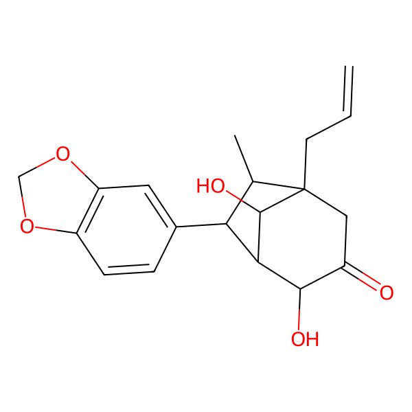 2D Structure of (1S,4S,5R,6S,7S,8R)-6-(1,3-benzodioxol-5-yl)-4,8-dihydroxy-7-methyl-1-prop-2-enylbicyclo[3.2.1]octan-3-one