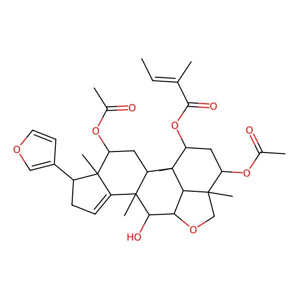 2D Structure of [4,16-Diacetyloxy-6-(furan-3-yl)-11-hydroxy-1,5,10,15-tetramethyl-13-oxapentacyclo[10.6.1.02,10.05,9.015,19]nonadec-8-en-18-yl] 2-methylbut-2-enoate
