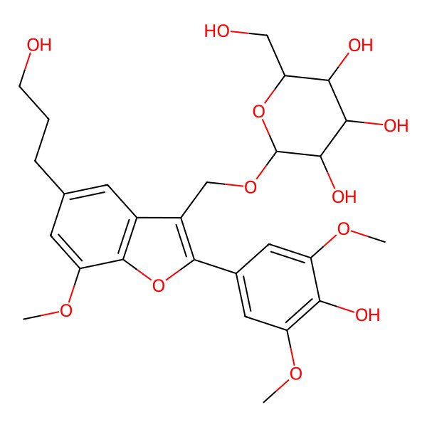 2D Structure of 2-[[2-(4-Hydroxy-3,5-dimethoxyphenyl)-5-(3-hydroxypropyl)-7-methoxy-1-benzofuran-3-yl]methoxy]-6-(hydroxymethyl)oxane-3,4,5-triol