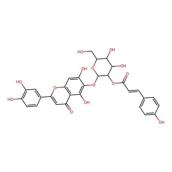 2D Structure of [(2S,3R,4S,5S,6R)-2-[2-(3,4-dihydroxyphenyl)-5,7-dihydroxy-4-oxochromen-6-yl]oxy-4,5-dihydroxy-6-(hydroxymethyl)oxan-3-yl] (E)-3-(4-hydroxyphenyl)prop-2-enoate