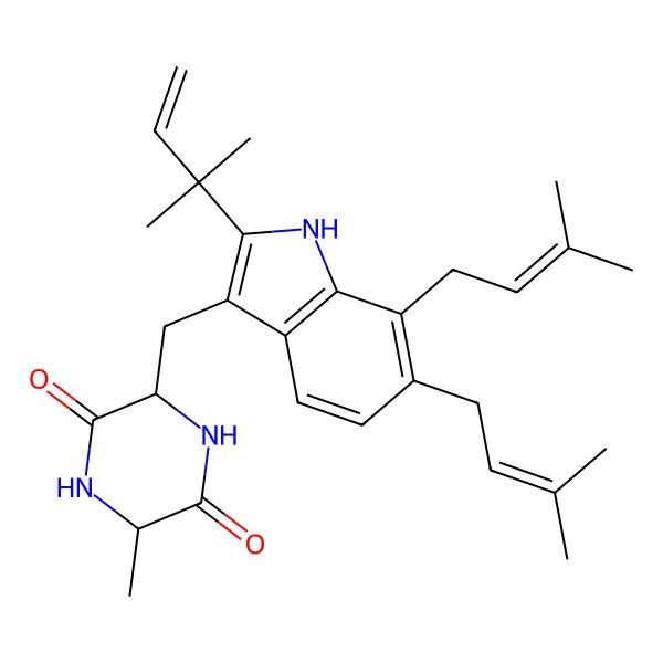 2D Structure of 3-methyl-6-[[2-(2-methylbut-3-en-2-yl)-6,7-bis(3-methylbut-2-enyl)-1H-indol-3-yl]methyl]piperazine-2,5-dione