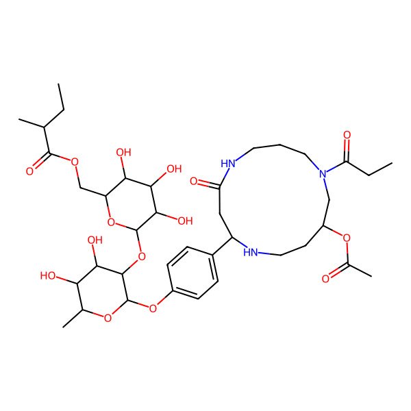 2D Structure of [(2R,3S,4S,5R,6S)-6-[(2S,3R,4R,5R,6S)-2-[4-[(2S,11R)-11-acetyloxy-4-oxo-9-propanoyl-1,5,9-triazacyclotridec-2-yl]phenoxy]-4,5-dihydroxy-6-methyloxan-3-yl]oxy-3,4,5-trihydroxyoxan-2-yl]methyl (2S)-2-methylbutanoate
