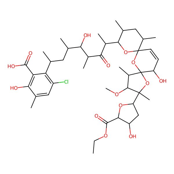 2D Structure of 3-chloro-2-[(2S,4R,5S,6S,8R)-8-[(1R,2R,3R,7R,10S,12R,15R)-3-[(4R)-5-ethoxycarbonyl-4-hydroxyoxolan-2-yl]-15-hydroxy-2-methoxy-1,3,10,12-tetramethyl-4,6,8-trioxadispiro[4.1.57.35]pentadec-13-en-9-yl]-5-hydroxy-4,6-dimethyl-7-oxononan-2-yl]-6-hydroxy-5-methylbenzoic acid