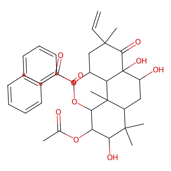 2D Structure of (6-acetyloxy-5-benzoyloxy-2-ethenyl-7,10,10a-trihydroxy-2,4b,8,8-tetramethyl-1-oxo-4,4a,5,6,7,8a,9,10-octahydro-3H-phenanthren-4-yl) benzoate
