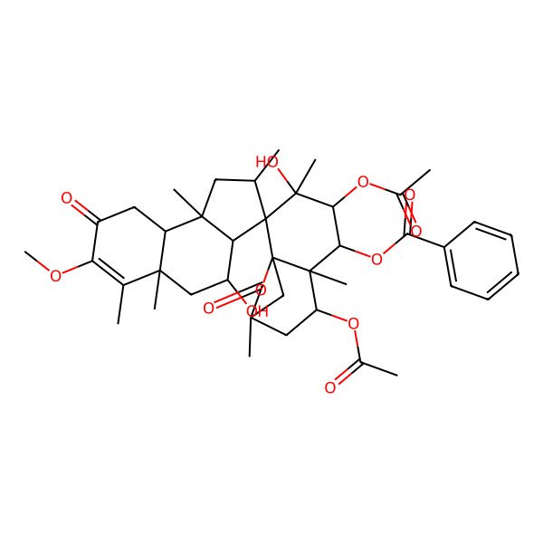 2D Structure of (4,7-diacetyloxy-3,4'-dihydroxy-7'-methoxy-2',3,5'a,6,6',9,9'b-heptamethyl-8',10-dioxospiro[11-oxatricyclo[7.2.1.01,6]dodecane-2,3'-2,3a,4,5,9,9a-hexahydro-1H-cyclopenta[a]naphthalene]-5-yl) benzoate