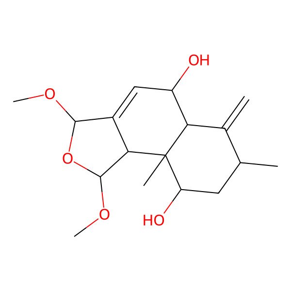 2D Structure of (1R,3S,5S,5aS,7S,9R,9aS,9bR)-1,3-dimethoxy-7,9a-dimethyl-6-methylidene-1,3,5,5a,7,8,9,9b-octahydrobenzo[e][2]benzofuran-5,9-diol