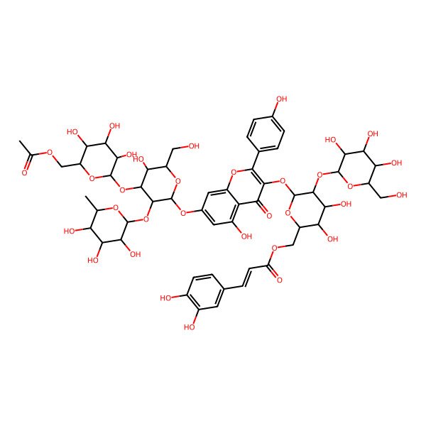 2D Structure of [6-[7-[4-[6-(Acetyloxymethyl)-3,4,5-trihydroxyoxan-2-yl]oxy-5-hydroxy-6-(hydroxymethyl)-3-(3,4,5-trihydroxy-6-methyloxan-2-yl)oxyoxan-2-yl]oxy-5-hydroxy-2-(4-hydroxyphenyl)-4-oxochromen-3-yl]oxy-3,4-dihydroxy-5-[3,4,5-trihydroxy-6-(hydroxymethyl)oxan-2-yl]oxyoxan-2-yl]methyl 3-(3,4-dihydroxyphenyl)prop-2-enoate