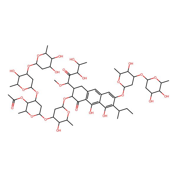 2D Structure of [(2R,3S,4R,6S)-6-[(2R,3R,4R,6S)-6-[[(2S,3R)-7-[(2S)-butan-2-yl]-3-[(1R,3R,4S)-3,4-dihydroxy-1-methoxy-2-oxopentyl]-6-[(2S,4R,5R,6R)-4-[(2S,4R,5S,6R)-4,5-dihydroxy-6-methyloxan-2-yl]oxy-5-hydroxy-6-methyloxan-2-yl]oxy-8,9-dihydroxy-1-oxo-3,4-dihydro-2H-anthracen-2-yl]oxy]-3-hydroxy-2-methyloxan-4-yl]oxy-4-[(2S,4R,5R,6R)-4-[(2S,4R,5S,6R)-4,5-dihydroxy-6-methyloxan-2-yl]oxy-5-hydroxy-6-methyloxan-2-yl]oxy-2-methyloxan-3-yl] acetate