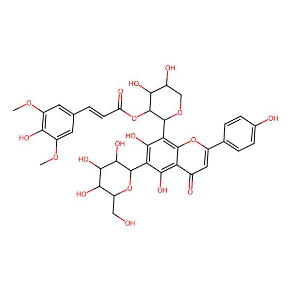 2D Structure of [(2S,3R,4S,5S)-2-[5,7-dihydroxy-2-(4-hydroxyphenyl)-4-oxo-6-[(2S,3R,4R,5R,6R)-3,4,5-trihydroxy-6-(hydroxymethyl)oxan-2-yl]chromen-8-yl]-4,5-dihydroxyoxan-3-yl] (E)-3-(4-hydroxy-3,5-dimethoxyphenyl)prop-2-enoate