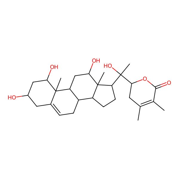 2D Structure of (2R)-2-[(1R)-1-hydroxy-1-[(1S,3R,8S,9S,10R,12R,13S,14S,17S)-1,3,12-trihydroxy-10,13-dimethyl-2,3,4,7,8,9,11,12,14,15,16,17-dodecahydro-1H-cyclopenta[a]phenanthren-17-yl]ethyl]-4,5-dimethyl-2,3-dihydropyran-6-one