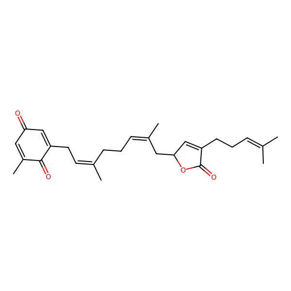 2D Structure of 2-[3,7-dimethyl-8-[4-(4-methylpent-3-enyl)-5-oxo-2H-furan-2-yl]octa-2,6-dienyl]-6-methylcyclohexa-2,5-diene-1,4-dione