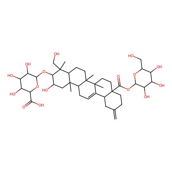 2D Structure of (2S,3S,4S,5R,6R)-6-[[(2R,3R,4R,4aR,6aR,6bS,8aS,12aS,14aR,14bR)-2-hydroxy-4-(hydroxymethyl)-4,6a,6b,14b-tetramethyl-11-methylidene-8a-[(2S,3R,4S,5S,6R)-3,4,5-trihydroxy-6-(hydroxymethyl)oxan-2-yl]oxycarbonyl-1,2,3,4a,5,6,7,8,9,10,12,12a,14,14a-tetradecahydropicen-3-yl]oxy]-3,4,5-trihydroxyoxane-2-carboxylic acid
