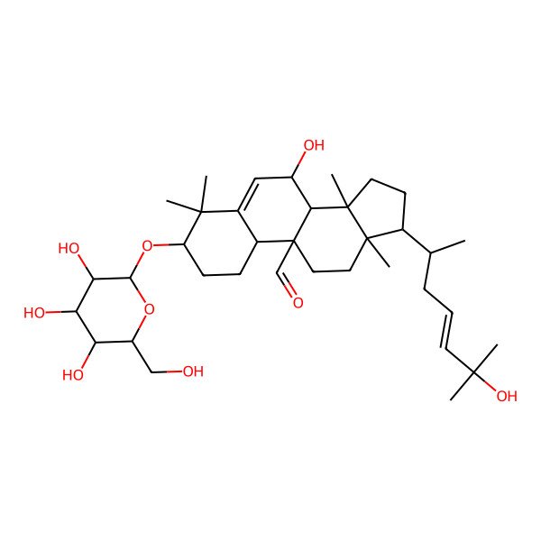 2D Structure of (3S,7S,8S,9R,10R,13R,14S,17R)-7-hydroxy-17-[(E,2R)-6-hydroxy-6-methylhept-4-en-2-yl]-4,4,13,14-tetramethyl-3-[(2R,3R,4R,5S,6R)-3,4,5-trihydroxy-6-(hydroxymethyl)oxan-2-yl]oxy-2,3,7,8,10,11,12,15,16,17-decahydro-1H-cyclopenta[a]phenanthrene-9-carbaldehyde