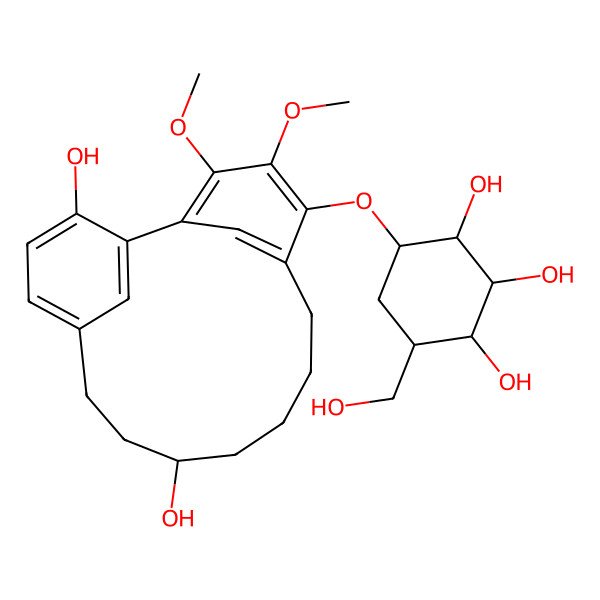 2D Structure of (1R,2S,3R,4R,6R)-4-[[(11S)-11,17-dihydroxy-3,4-dimethoxy-5-tricyclo[12.3.1.12,6]nonadeca-1(17),2,4,6(19),14(18),15-hexaenyl]oxy]-6-(hydroxymethyl)cyclohexane-1,2,3-triol