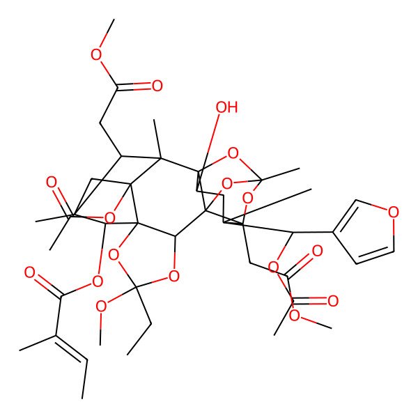2D Structure of [(1R,2R,3R,5R,6S,7S,9R,11R,12S,14R,16S,17S,19R,21S)-3-acetyloxy-17-[(S)-acetyloxy(furan-3-yl)methyl]-9-ethyl-19-hydroxy-9-methoxy-16,21-bis(2-methoxy-2-oxoethyl)-2,5,14,17-tetramethyl-8,10,13,15,20-pentaoxaheptacyclo[12.5.1.12,5.01,12.03,7.07,11.012,16]henicosan-6-yl] (E)-2-methylbut-2-enoate