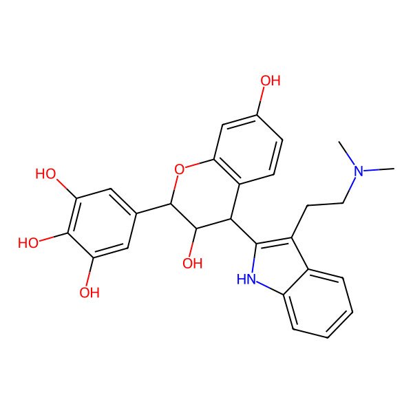 2D Structure of 5-[(2S,3R,4S)-4-[3-[2-(dimethylamino)ethyl]-1H-indol-2-yl]-3,7-dihydroxy-3,4-dihydro-2H-chromen-2-yl]benzene-1,2,3-triol