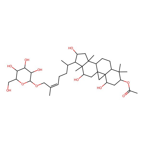 2D Structure of [(1R,3S,4S,6S,8S,11S,12S,14S,15R,16R,17R)-4,14,17-trihydroxy-7,7,12,16-tetramethyl-15-[(E,2R)-6-methyl-7-[(2R,3R,4S,5S,6R)-3,4,5-trihydroxy-6-(hydroxymethyl)oxan-2-yl]oxyhept-5-en-2-yl]-6-pentacyclo[9.7.0.01,3.03,8.012,16]octadecanyl] acetate