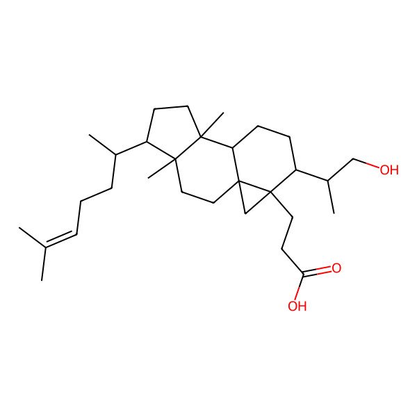 2D Structure of 3-[(1S,4R,5R,8S,9S,12S,13R)-12-[(2S)-1-hydroxypropan-2-yl]-4,8-dimethyl-5-[(2R)-6-methylhept-5-en-2-yl]-13-tetracyclo[7.5.0.01,13.04,8]tetradecanyl]propanoic acid