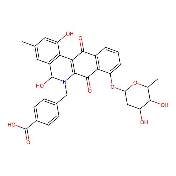 2D Structure of 4-[[(5S)-8-[(2S,4R,5R,6S)-4,5-dihydroxy-6-methyloxan-2-yl]oxy-1,5-dihydroxy-3-methyl-7,12-dioxo-5H-benzo[b]phenanthridin-6-yl]methyl]benzoic acid