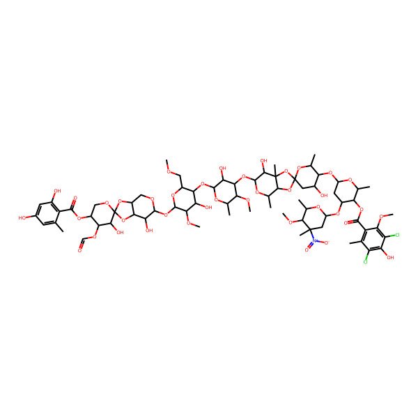 2D Structure of [(2R,3R,4R,6S)-6-[(2R,2'R,3'S,3aR,4R,4'R,6S,7S,7aR)-6-[(2S,3R,4R,5S,6R)-2-[(2R,3S,4S,5S,6S)-6-[(2R,3'R,3aS,4'R,5'R,6S,7R,7aS)-5'-(2,4-dihydroxy-6-methylbenzoyl)oxy-4'-formyloxy-3',7-dihydroxyspiro[4,6,7,7a-tetrahydro-3aH-[1,3]dioxolo[4,5-c]pyran-2,2'-oxane]-6-yl]oxy-4-hydroxy-5-methoxy-2-(methoxymethyl)oxan-3-yl]oxy-3-hydroxy-5-methoxy-6-methyloxan-4-yl]oxy-4',7-dihydroxy-2',4,7a-trimethylspiro[3a,4,6,7-tetrahydro-[1,3]dioxolo[4,5-c]pyran-2,6'-oxane]-3'-yl]oxy-4-[(2S,4S,5R,6S)-5-methoxy-4,6-dimethyl-4-nitrooxan-2-yl]oxy-2-methyloxan-3-yl] 3,5-dichloro-4-hydroxy-2-methoxy-6-methylbenzoate