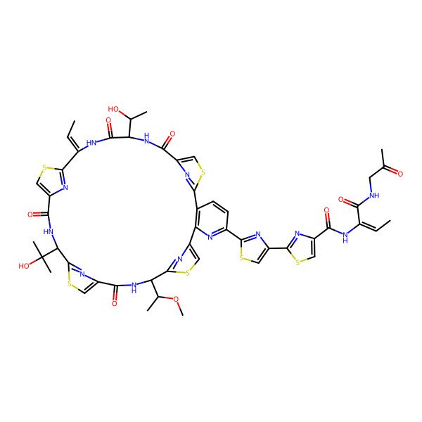 2D Structure of 2-[2-[(26Z)-26-ethylidene-29-(1-hydroxyethyl)-19-(2-hydroxypropan-2-yl)-12-(1-methoxyethyl)-14,21,28,31-tetraoxo-10,17,24,34-tetrathia-6,13,20,27,30,35,36,37,38-nonazahexacyclo[30.2.1.18,11.115,18.122,25.02,7]octatriaconta-1(35),2(7),3,5,8,11(38),15,18(37),22,25(36),32-undecaen-5-yl]-1,3-thiazol-4-yl]-N-[(E)-1-oxo-1-(2-oxopropylamino)but-2-en-2-yl]-1,3-thiazole-4-carboxamide