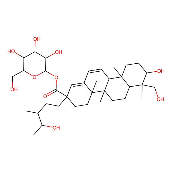 2D Structure of [(2S,3R,4S,5S,6R)-3,4,5-trihydroxy-6-(hydroxymethyl)oxan-2-yl] (2R,4aS,4bS,6aS,7R,8S,10aS,10bR)-8-hydroxy-7-(hydroxymethyl)-2-[(3R,4S)-4-hydroxy-3-methylpentyl]-4a,4b,7,10a-tetramethyl-4,5,6,6a,8,9,10,10b-octahydro-3H-chrysene-2-carboxylate