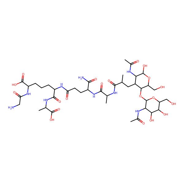2D Structure of 6-[[4-[2-[[3-[3-Acetamido-5-[3-acetamido-4,5-dihydroxy-6-(hydroxymethyl)oxan-2-yl]oxy-2-hydroxy-6-(hydroxymethyl)oxan-4-yl]-2-methylpropanoyl]amino]propanoylamino]-5-amino-5-oxopentanoyl]amino]-2-[(2-aminoacetyl)amino]-7-(1-carboxyethylamino)-7-oxoheptanoic acid
