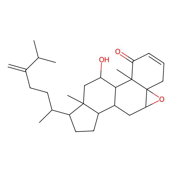 2D Structure of 18-Hydroxy-2,16-dimethyl-15-(6-methyl-5-methylideneheptan-2-yl)-8-oxapentacyclo[9.7.0.02,7.07,9.012,16]octadec-4-en-3-one