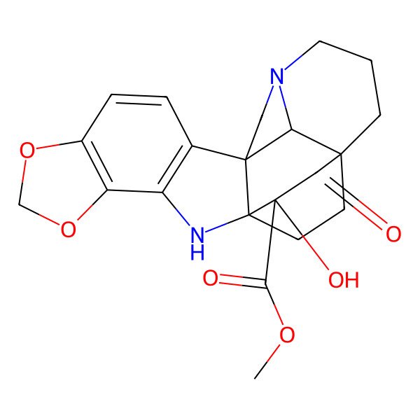 2D Structure of methyl (12R,21R,24R)-21-hydroxy-20-oxo-5,7-dioxa-2,15-diazaheptacyclo[17.2.2.112,15.01,12.03,11.04,8.019,24]tetracosa-3(11),4(8),9-triene-21-carboxylate