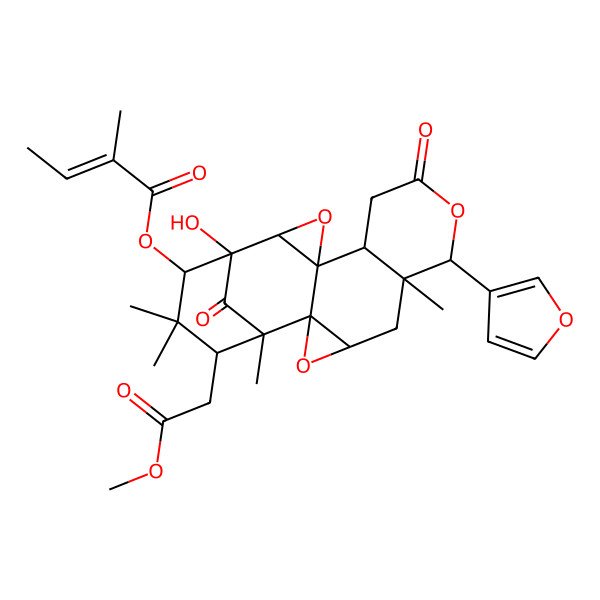 2D Structure of [(1S,2R,4R,6R,7R,11R,12R,14R,15S,16S,18S)-7-(furan-3-yl)-15-hydroxy-18-(2-methoxy-2-oxoethyl)-1,6,17,17-tetramethyl-9,19-dioxo-3,8,13-trioxahexacyclo[13.3.1.02,4.02,12.06,11.012,14]nonadecan-16-yl] (Z)-2-methylbut-2-enoate