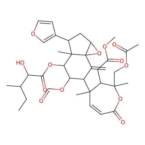 2D Structure of [(1aR,3S,3aR,4R,5R,6R,7aS)-6-[(2S,3R,4S)-2-(acetyloxymethyl)-3-(2-methoxy-2-oxoethyl)-2,4-dimethyl-7-oxo-3H-oxepin-4-yl]-5-formyloxy-3-(furan-3-yl)-3a-methyl-7-methylidene-1a,2,3,4,5,6-hexahydroindeno[1,7a-b]oxiren-4-yl] (2R,3R)-2-hydroxy-3-methylpentanoate