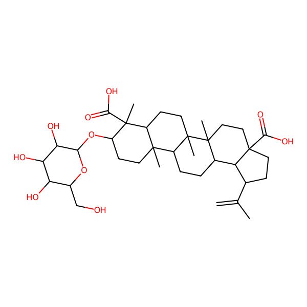 2D Structure of (1R,3aS,5aR,5bR,7aR,8R,9R,11aR,11bR,13aR,13bR)-5a,5b,8,11a-tetramethyl-1-prop-1-en-2-yl-9-[(2R,3R,4S,5S,6R)-3,4,5-trihydroxy-6-(hydroxymethyl)oxan-2-yl]oxy-1,2,3,4,5,6,7,7a,9,10,11,11b,12,13,13a,13b-hexadecahydrocyclopenta[a]chrysene-3a,8-dicarboxylic acid