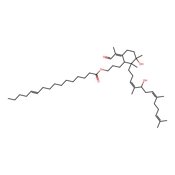 2D Structure of 3-[3-Hydroxy-2-(5-hydroxy-4,8,12-trimethyltrideca-3,7,11-trienyl)-2,3-dimethyl-6-(1-oxopropan-2-ylidene)cyclohexyl]propyl hexadec-11-enoate