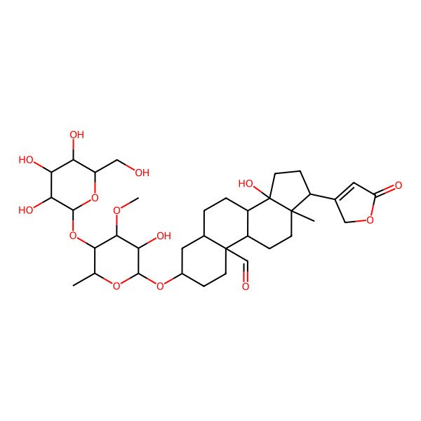 2D Structure of (3S,5R,8R,9S,10R,13R,14S,17R)-14-hydroxy-3-[(2R,3R,4R,5S,6R)-3-hydroxy-4-methoxy-6-methyl-5-[(2S,3R,4S,5S,6R)-3,4,5-trihydroxy-6-(hydroxymethyl)oxan-2-yl]oxyoxan-2-yl]oxy-13-methyl-17-(5-oxo-2H-furan-3-yl)-1,2,3,4,5,6,7,8,9,11,12,15,16,17-tetradecahydrocyclopenta[a]phenanthrene-10-carbaldehyde