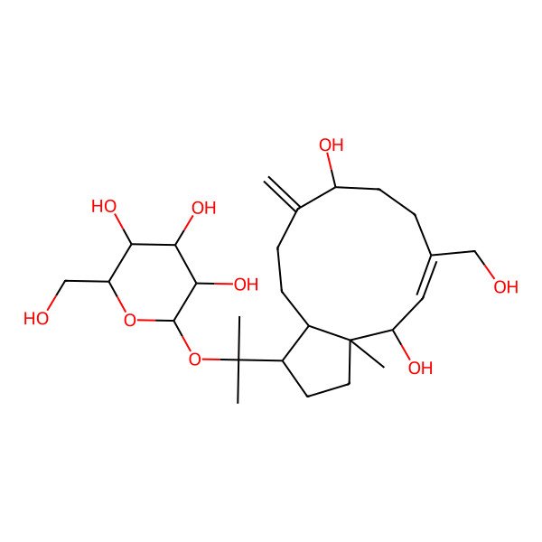 2D Structure of 2-[2-[4,9-Dihydroxy-6-(hydroxymethyl)-3a-methyl-10-methylidene-1,2,3,4,7,8,9,11,12,12a-decahydrocyclopenta[11]annulen-1-yl]propan-2-yloxy]-6-(hydroxymethyl)oxane-3,4,5-triol