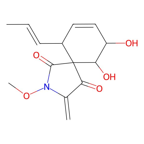 2D Structure of (5R,6R,7R,10R)-6,7-dihydroxy-2-methoxy-3-methylidene-10-[(E)-prop-1-enyl]-2-azaspiro[4.5]dec-8-ene-1,4-dione